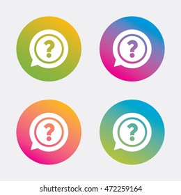 Question mark sign icon. Help speech bubble symbol. FAQ sign. Gradient flat buttons with icon. Modern design. Vector