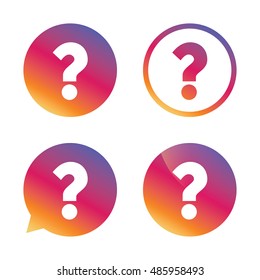 Question mark sign icon. Help symbol. FAQ sign. Gradient buttons with flat icon. Speech bubble sign. Vector