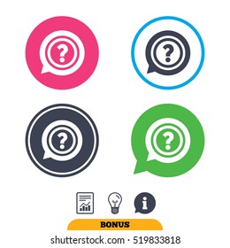 Question mark sign icon. Help speech bubble symbol. FAQ sign. Report document, information sign and light bulb icons. Vector