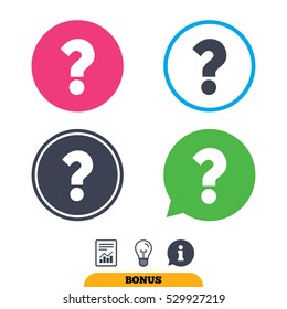 Question mark sign icon. Help symbol. FAQ sign. Report document, information sign and light bulb icons. Vector