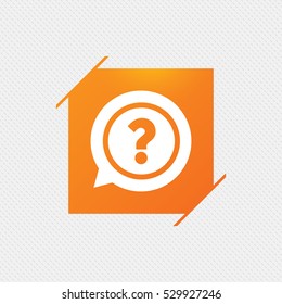 Question mark sign icon. Help speech bubble symbol. FAQ sign. Orange square label on pattern. Vector