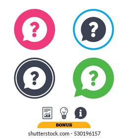 Question mark sign icon. Help speech bubble symbol. FAQ sign. Report document, information sign and light bulb icons. Vector