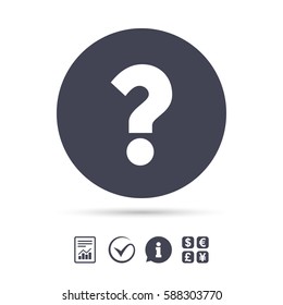 Question mark sign icon. Help symbol. FAQ sign. Report document, information and check tick icons. Currency exchange. Vector