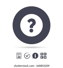 Question mark sign icon. Help symbol. FAQ sign. Report document, information and check tick icons. Currency exchange. Vector