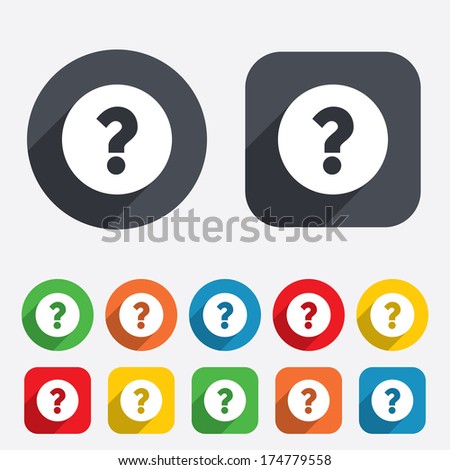 Question mark sign icon. Help symbol. FAQ sign. Circles and rounded squares 12 buttons. Vector