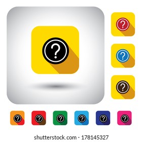 question mark sign on button - flat design vector icon. This long shadows graphic symbol also represents website FAQ, problem areas, asking questions, expressing doubts, who, what, when, why, which