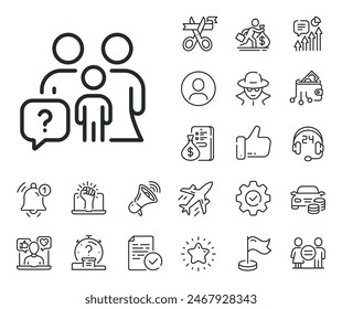 Signo de interrogación. Iconos de salariales, igualdad de género y campanas de alerta. Icono de línea de preguntas familiares. Personas símbolo de seguro. Signo de línea de preguntas familiares. Espiar o icono de marcador de posición de perfil. Vector