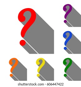 Question mark sign. Set of red, orange, yellow, green, blue and violet icons at white background with flat shadow.