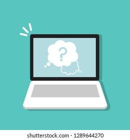 Question mark sign in a speech bubble on laptop, computer symbol  flat cartoon design