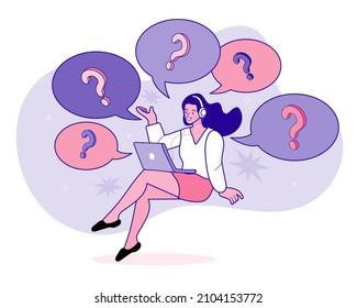 Question mark sign in speech bubble. Quiz online on laptop. customer service support. A pose of the thinking person. Vector outline cartoon illustration.
