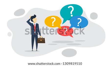 Question mark sign in speech bubble. Ask button. Idea of support and advice. Man standing in doubt. Isolated vector illustration in cartoon style