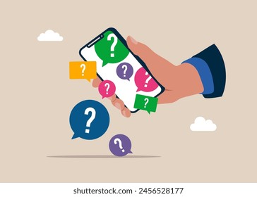 Fragezeichen Melden Sie sich an-Sprechblasen fallen von einem Smartphone. Viele Fragen.  Vektorgrafik Geschäftsleute Zeichenabbildung. 
