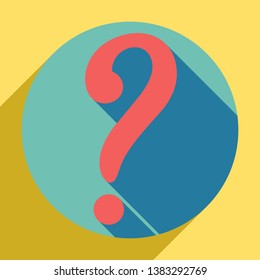 Question mark sign. Sunset orange icon with llapis lazuli shadow inside medium aquamarine circle with different goldenrod shadow at royal yellow background.