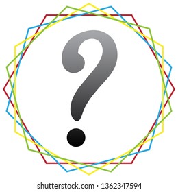 Question mark sign. Vector. Black icon with patch of light inside colorful hexagonal frames at white background.
