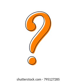 Question Mark Sign. Vector. Black Line Icon With Shifted Flat Orange Filled Icon On White Background. Isolated.