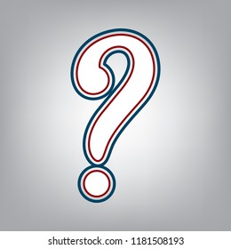Question mark sign. Vector. Dark red, transparent and midnight green stroke of white icon at grayish background.