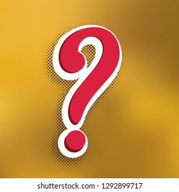 Question mark sign. Vector. Magenta icon with darker shadow, white sticker and black popart shadow on golden background.