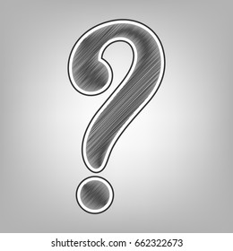 Question mark sign. Vector. Pencil sketch imitation. Dark gray scribble icon with dark gray outer contour at gray background.