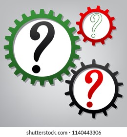 Question mark sign. Vector. Three connected gears with icons at grayish background.