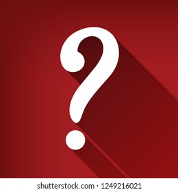 Question mark sign. Vector. White icon with limitless shadow at ruby red background.
