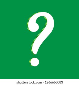 Question mark sign. Vector. White flat icon with yellow striped shadow at green background.
