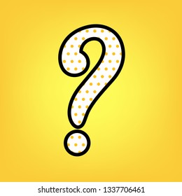 Question mark sign. Vector. Yellow polka dot white icon with black contour at warm yellow background.