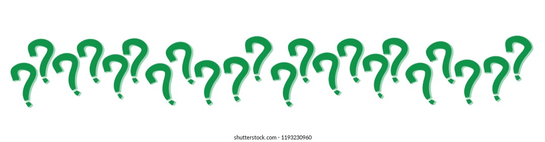 Question mark signs in green color aligned randomly in a series pattern with shadow isolated on a white transparent seamless wide banner background. Vector illustration.