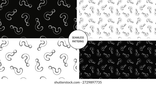 Desenho de esboço de ponto de interrogação com conjunto de padrões sem costura. Fundo abstrato preto e branco. Atendimento ao cliente, apresentação, conversa