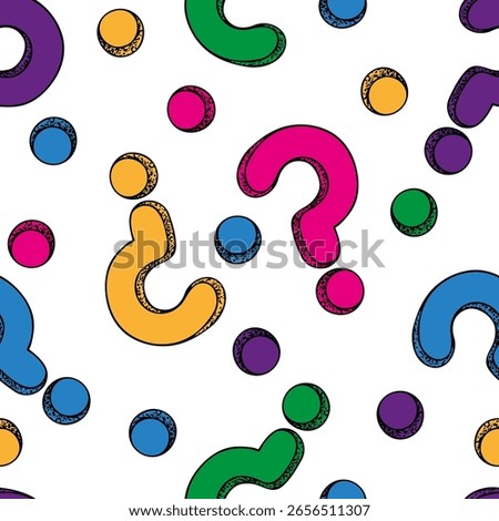 Question mark sketch drawing seamless pattern. Colorful retro abstract background. Customer service, communication, faq help