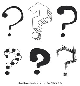 Question mark sketch isolated on white background. Hand drawn vector icons set.