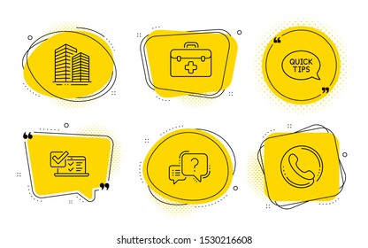 Question mark, Skyscraper buildings and Call center signs. Chat bubbles. Online survey, First aid and Quickstart guide line icons set. Quiz test, Medicine kit, Helpful tricks. Quiz chat. Vector