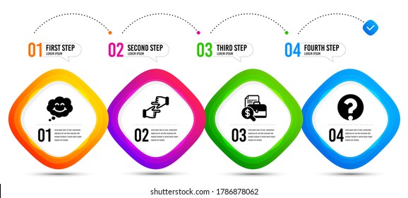 Question mark, Smile and Accounting report icons simple set. Timeline infographic. Click hands sign. Ask support, Comic chat, Financial case. Direction. Business set. Vector