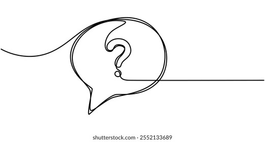 Ponto de interrogação em uma bolha de fala, textos explicativos com ponto de interrogação dentro de um desenho contínuo de uma linha, Ponto de interrogação da arte da linha, Ícone da linha de interrogação, Desenho de mão em página branca com marcador
