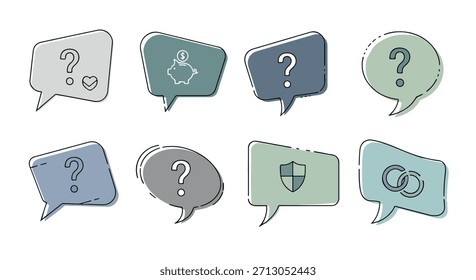 Question mark speech bubbles with icons for various concepts