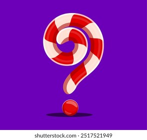 Question mark styled as a candy cane in red and white stripes, merry Christmas font, xmas alphabet, cartoon winter holiday type, festive typeface symbol. Cartoon vector vibrant punctuation sign, glyph