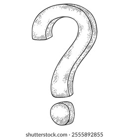 Question Mark Symbol, Hand-Drawn Vector, Graphic Style, Cartoon Illustration, Black and White, Sketch Style, Isolated on White Background