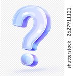 Question mark symbol. Icon or sign with glass texture. Frequently asked questions. Searching for answer. Design element for website. Realistic 3D vector illustration isolated on transparent background