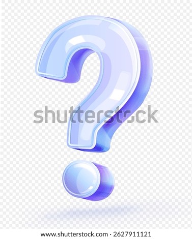 Question mark symbol. Icon or sign with glass texture. Frequently asked questions. Searching for answer. Design element for website. Realistic 3D vector illustration isolated on transparent background