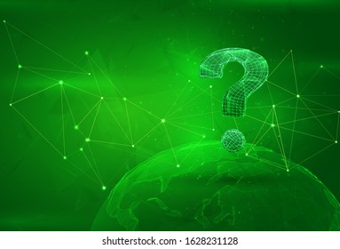 question mark symbol over a polygonal planet, on a green background. global data calculation