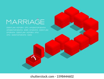 Question mark symbol from Wedding ring box 3D isometric pattern, Marriage doubt concept poster and social banner post horizontal design illustration isolated on green background with space, vector eps