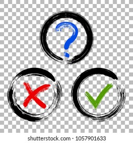 Question mark, symbolic X and OK choice icons in black round boxes. Query, cross and tick signs, check marks graphic design. Question, rejection and approval vector for decision making, test choices.