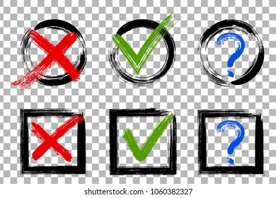 Question mark, symbolic X, OK choice icons test options. Query, cross and tick signs, check marks set graphic design. Question rejection approval symbol vector for vote election choice on transparent.