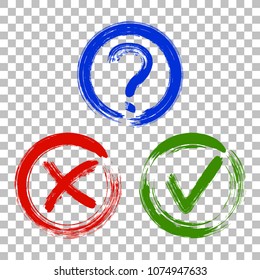 Question mark, symbolic X and OK choice icons in black round frames. Query, cross and tick signs, check marks graphic design. Question, rejection and approval symbol vector for vote, election choice.
