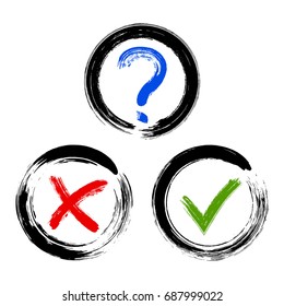 Question mark, symbolic X and OK icons in black round frames. Query, cross and tick signs, check marks graphic design. Question, rejection and approval symbol vector buttons for vote, election choice.