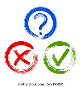 Marcador de preguntas, iconos simbólicos de selección X y OK en marcos redondos negros. Señales de consulta, cruz y marca, marcas de verificación diseño gráfico. Pregunta, rechazo y símbolo de aprobación vectorial para el voto, elección de elección.