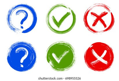 Question mark, symbolic X and OK choice icons in round frames. Query, cross and tick signs, check marks set graphic design. Question, rejection and approval symbol vector for vote, election choice.
