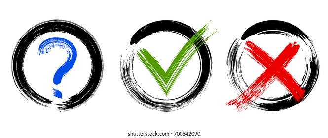 Question mark, symbolic X and OK choice icons in black round frames. Query, cross and tick signs, check marks graphic design. Question, rejection and approval vector for vote, check to make choice.