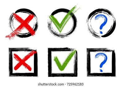 Question mark, symbolic X and OK choice icons, test options. Query, cross and tick signs, check marks set graphic design. Question, rejection and approval symbol vector for vote, election choice.