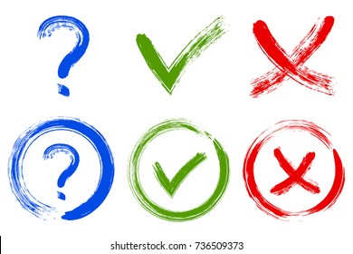 Question mark, symbolic X and OK choice icons set. Query, cross and tick signs, check marks set vector design. Question, rejection and approval icons, choice checkmarks, decision making signs.
