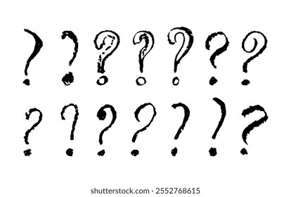 Question mark symbols set. Black pencil school kid handwritten ask signs. Icon collection to highlight an important question in a quiz or questionnaire. Vector sketch or graffiti style question marks